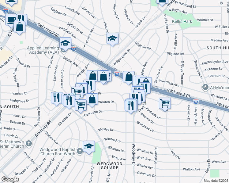 map of restaurants, bars, coffee shops, grocery stores, and more near 5328 Wonder Drive in Fort Worth