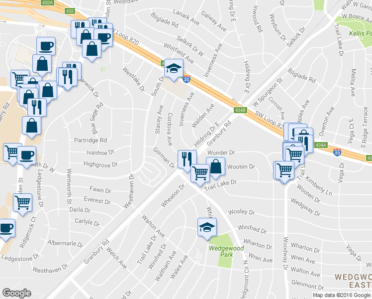 map of restaurants, bars, coffee shops, grocery stores, and more near 5220 Cordova Avenue in Fort Worth