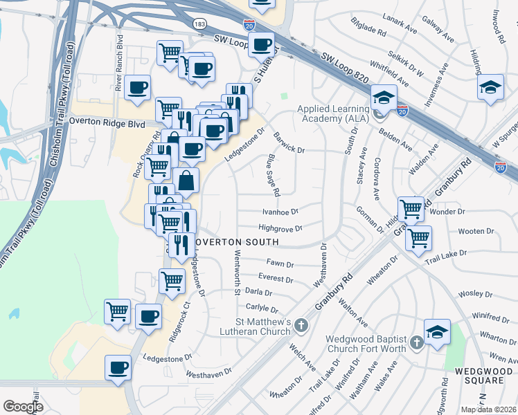 map of restaurants, bars, coffee shops, grocery stores, and more near 4728 Highgrove Drive in Fort Worth