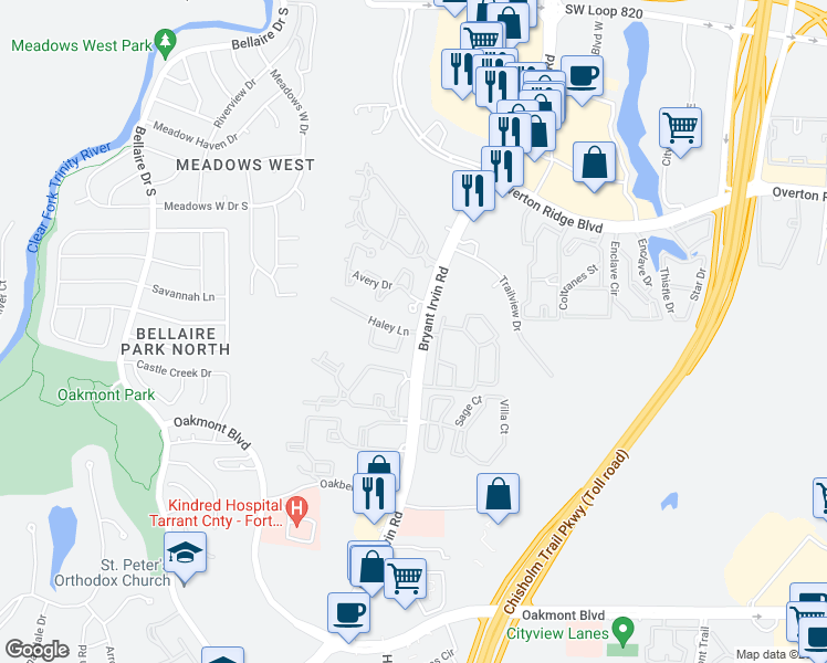 map of restaurants, bars, coffee shops, grocery stores, and more near 5251 Bryant Irvin Road in Benbrook