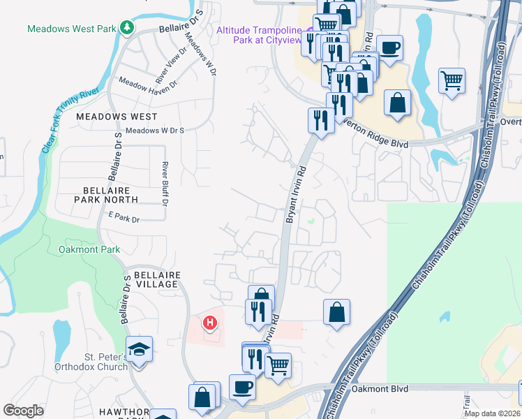 map of restaurants, bars, coffee shops, grocery stores, and more near 5240 Welden Court in Fort Worth