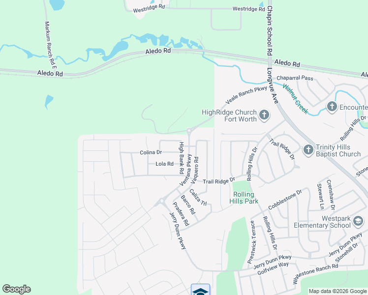 map of restaurants, bars, coffee shops, grocery stores, and more near 5528 Vaquero Road in Fort Worth