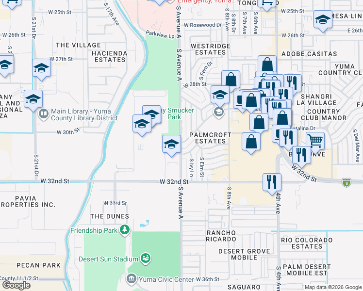 map of restaurants, bars, coffee shops, grocery stores, and more near 3099 S Ave East in Yuma