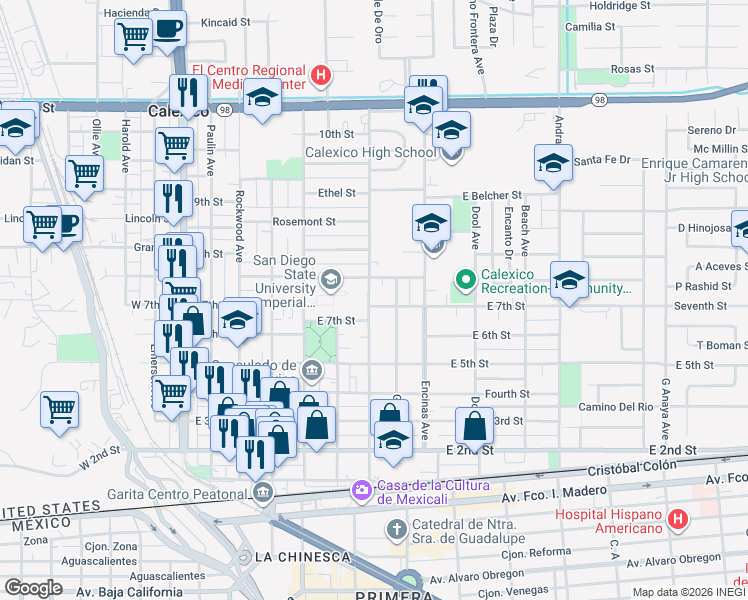 map of restaurants, bars, coffee shops, grocery stores, and more near 700 Blair Avenue in Calexico
