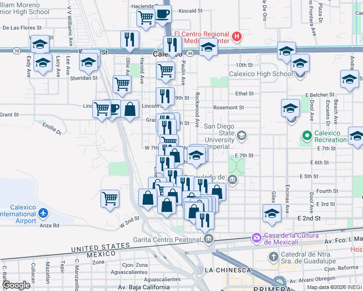 map of restaurants, bars, coffee shops, grocery stores, and more near California 7 in Calexico