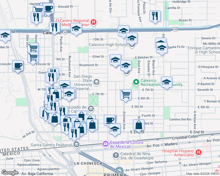 map of restaurants, bars, coffee shops, grocery stores, and more near 700 Blair Avenue in Calexico