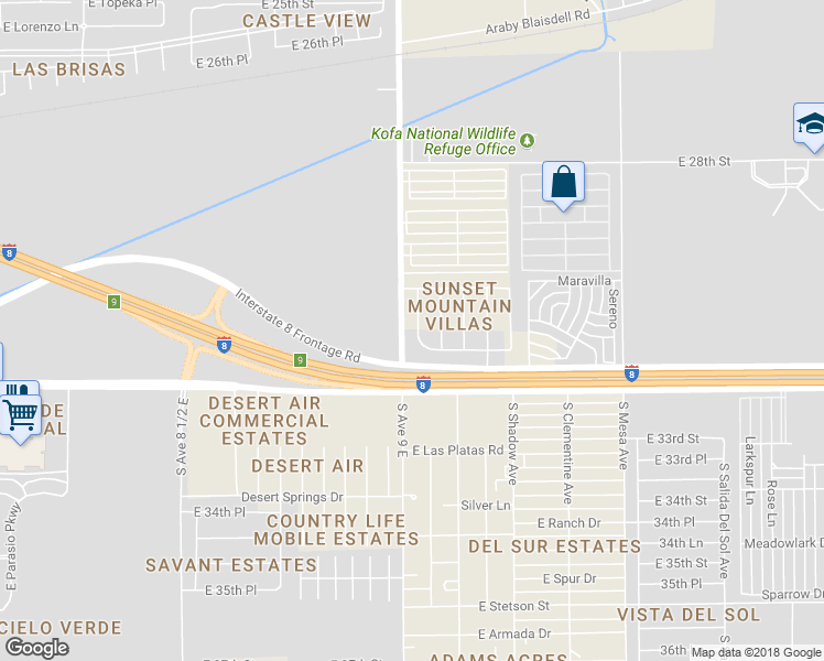 map of restaurants, bars, coffee shops, grocery stores, and more near 3146 South Robert Way in Yuma