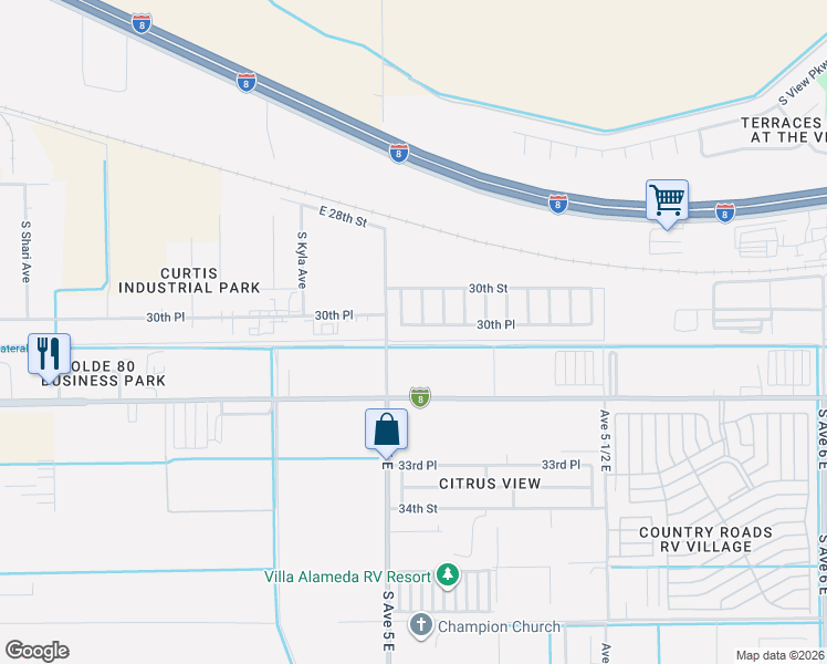map of restaurants, bars, coffee shops, grocery stores, and more near 5067 E 30th Pl in Yuma