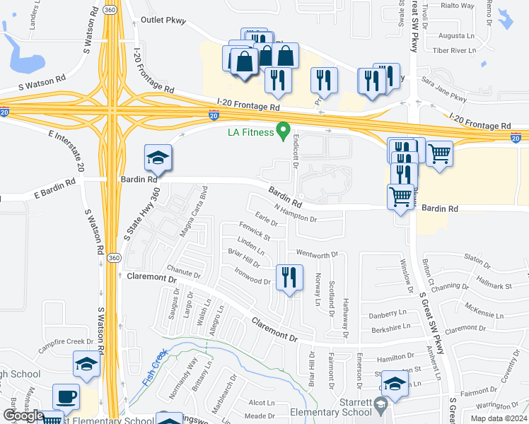 map of restaurants, bars, coffee shops, grocery stores, and more near 2832 Earle Drive in Grand Prairie