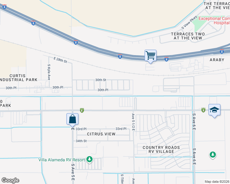 map of restaurants, bars, coffee shops, grocery stores, and more near 5305 E 30th Pl in Yuma