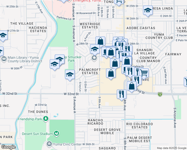 map of restaurants, bars, coffee shops, grocery stores, and more near 3098 West Park Lane in Yuma