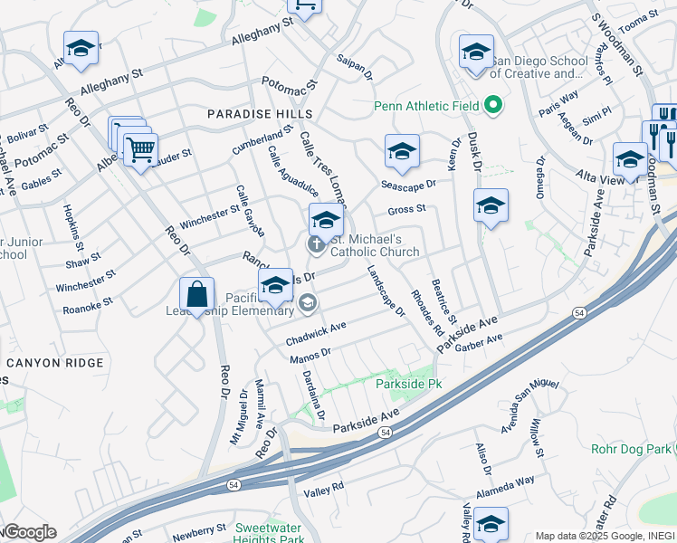 map of restaurants, bars, coffee shops, grocery stores, and more near 6253 Rancho Hills Drive in San Diego