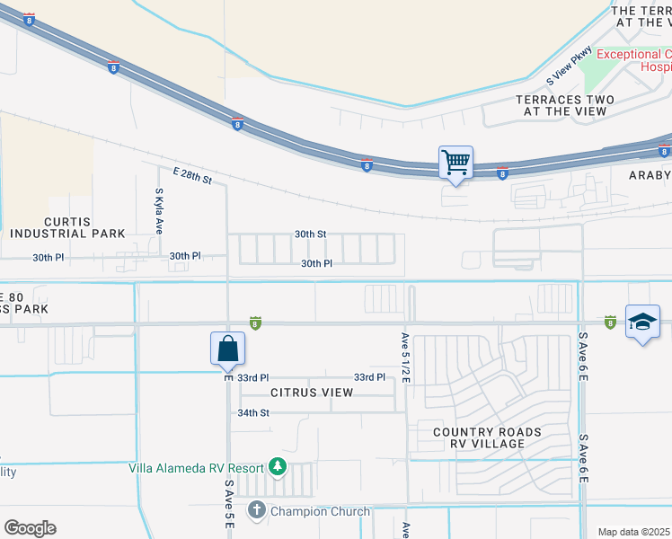 map of restaurants, bars, coffee shops, grocery stores, and more near 5305 30th Place in Yuma