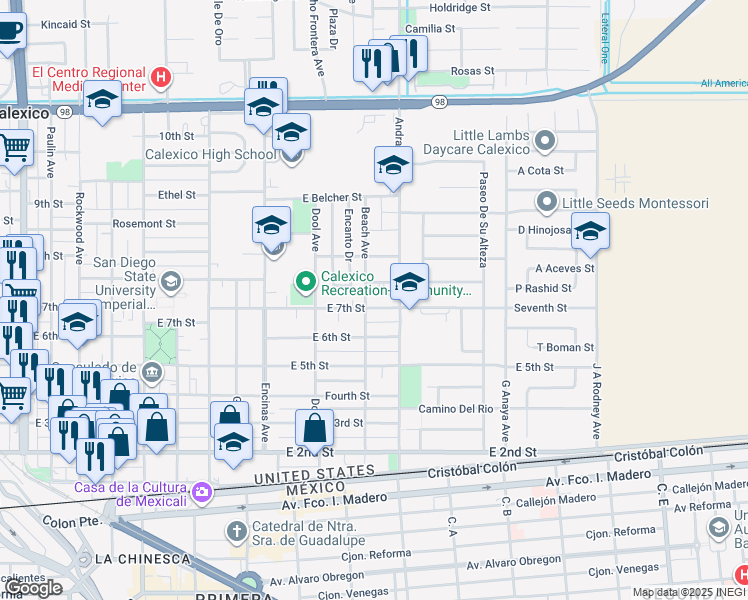 map of restaurants, bars, coffee shops, grocery stores, and more near 1010 East 7th Street in Calexico