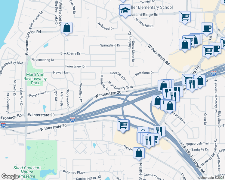 map of restaurants, bars, coffee shops, grocery stores, and more near 6418 High Country Trail in Arlington