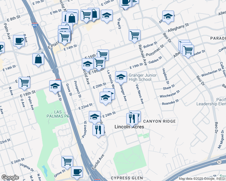 map of restaurants, bars, coffee shops, grocery stores, and more near 2128 La Siesta Way in National City