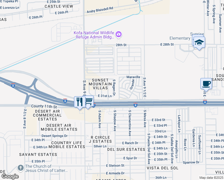 map of restaurants, bars, coffee shops, grocery stores, and more near 3142 South Ragan Drive in Yuma