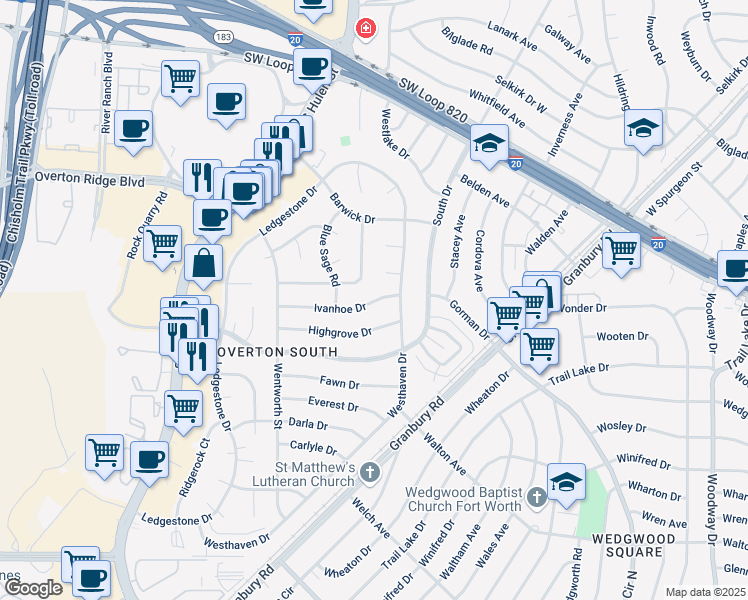 map of restaurants, bars, coffee shops, grocery stores, and more near 4629 Ivanhoe Drive in Fort Worth