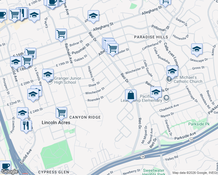 map of restaurants, bars, coffee shops, grocery stores, and more near 5779 Roanoke Street in San Diego