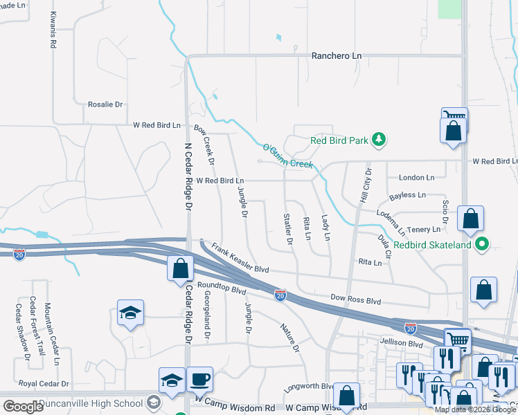 map of restaurants, bars, coffee shops, grocery stores, and more near 1231 Ridge Rock Lane in Duncanville