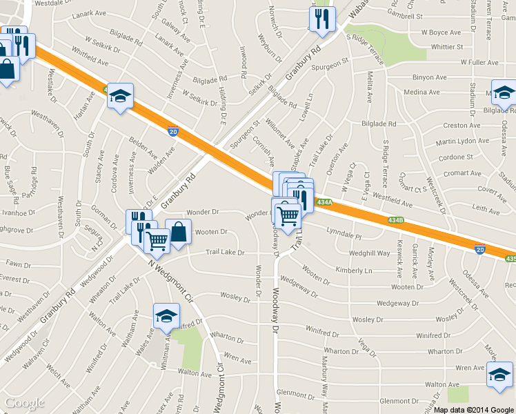 map of restaurants, bars, coffee shops, grocery stores, and more near 5353 Wonder Drive in Fort Worth