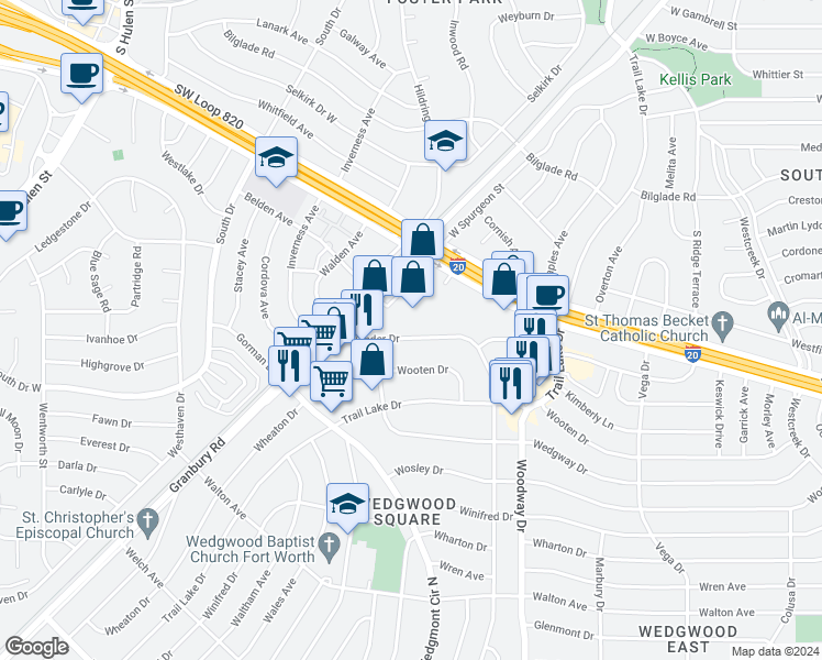 map of restaurants, bars, coffee shops, grocery stores, and more near 5300 Wonder Drive in Fort Worth