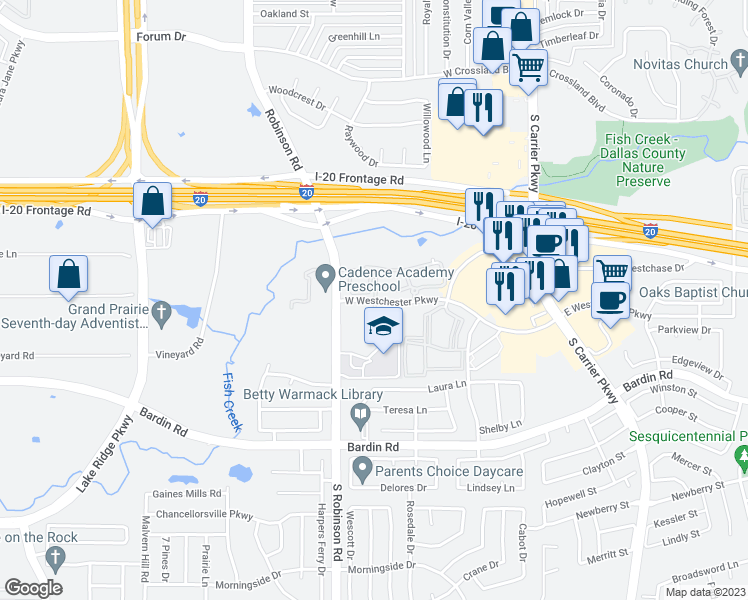 map of restaurants, bars, coffee shops, grocery stores, and more near 626 Westchester Parkway in Grand Prairie