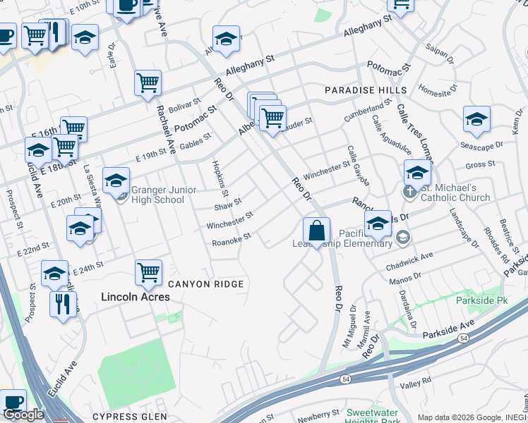 map of restaurants, bars, coffee shops, grocery stores, and more near 5779 Roanoke Street in San Diego