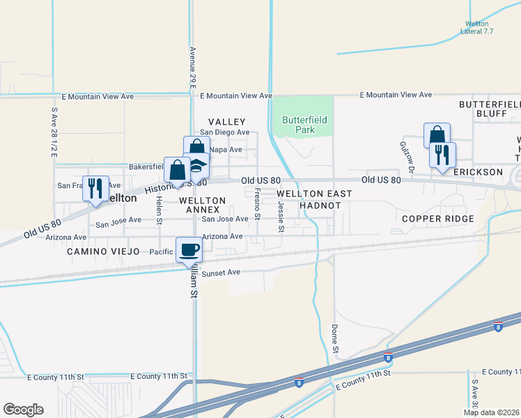map of restaurants, bars, coffee shops, grocery stores, and more near 29301-29355 San Jose Avenue in Wellton