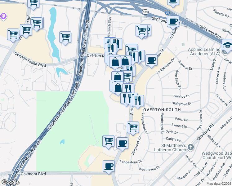 map of restaurants, bars, coffee shops, grocery stores, and more near 5000 Rock Quarry Road in Fort Worth