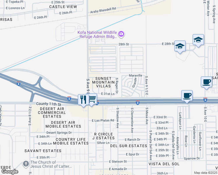 map of restaurants, bars, coffee shops, grocery stores, and more near 3063 South Todd Avenue in Yuma
