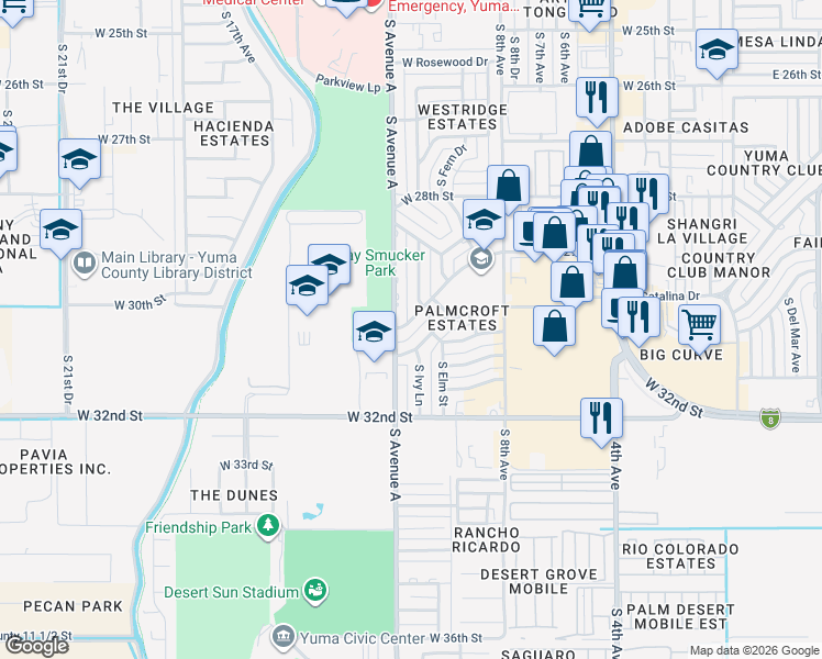 map of restaurants, bars, coffee shops, grocery stores, and more near 2955 South Avenue A in Yuma