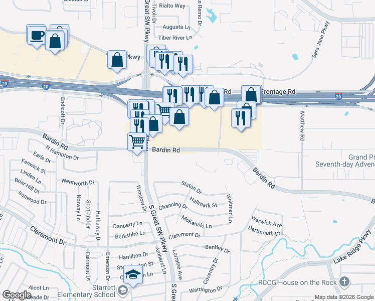 map of restaurants, bars, coffee shops, grocery stores, and more near 2510 Bardin Road in Grand Prairie