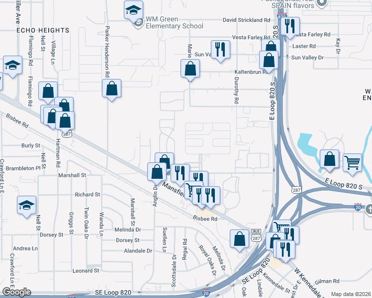 map of restaurants, bars, coffee shops, grocery stores, and more near 5008 Buffalo Court North in Fort Worth
