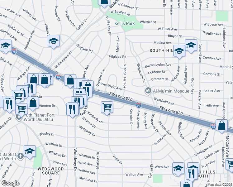 map of restaurants, bars, coffee shops, grocery stores, and more near 4929 Vega Court East in Fort Worth
