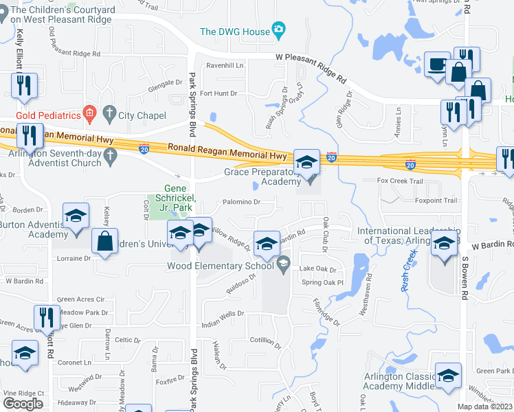 map of restaurants, bars, coffee shops, grocery stores, and more near 3408 Palomino Drive in Arlington