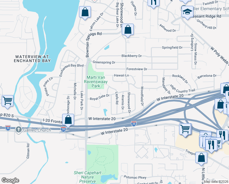 map of restaurants, bars, coffee shops, grocery stores, and more near 7111 Layla Road in Arlington