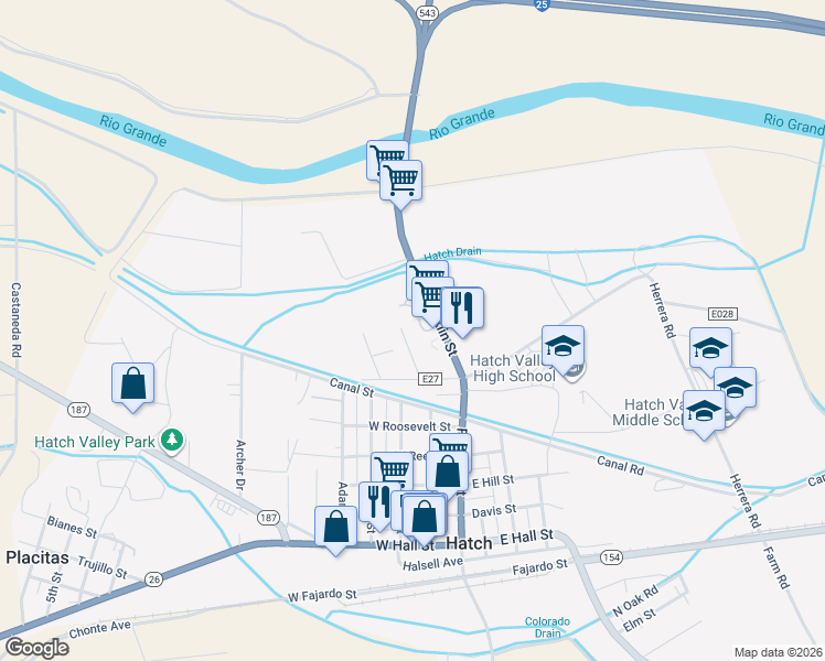 map of restaurants, bars, coffee shops, grocery stores, and more near Village Motel in Hatch