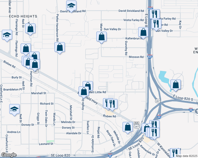 map of restaurants, bars, coffee shops, grocery stores, and more near 5008 Buffalo Court North in Fort Worth