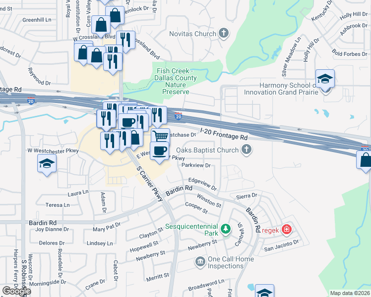 map of restaurants, bars, coffee shops, grocery stores, and more near 520 Parkcrest Drive in Grand Prairie