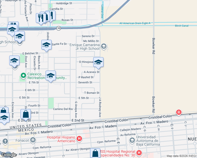 map of restaurants, bars, coffee shops, grocery stores, and more near 713 East Rivera Avenue in Calexico
