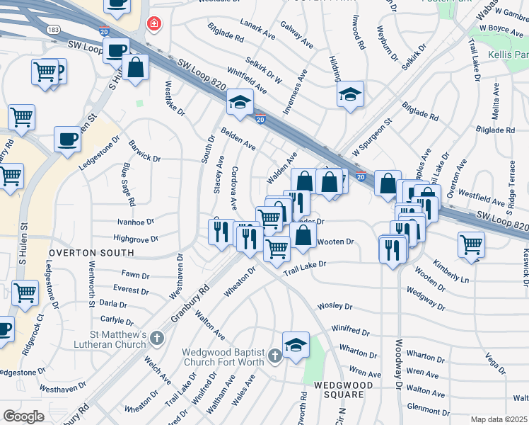 map of restaurants, bars, coffee shops, grocery stores, and more near 5129 Inverness Avenue in Fort Worth