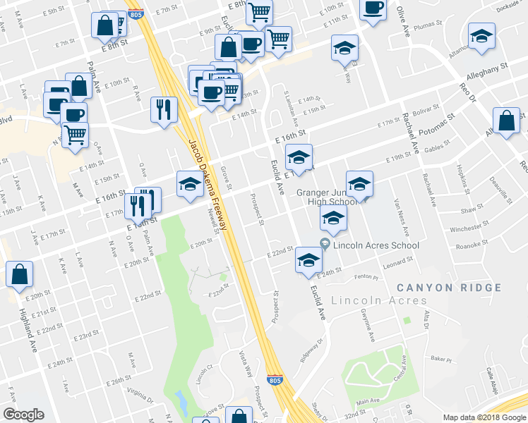 map of restaurants, bars, coffee shops, grocery stores, and more near 1925 Prospect Street in National City