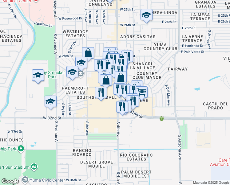 map of restaurants, bars, coffee shops, grocery stores, and more near 501 W Catalina Dr in Yuma