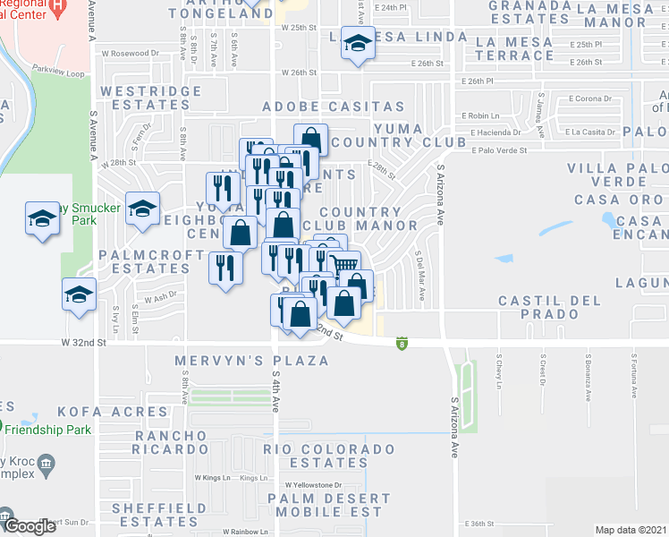 map of restaurants, bars, coffee shops, grocery stores, and more near 3000 South Catalina Drive in Yuma