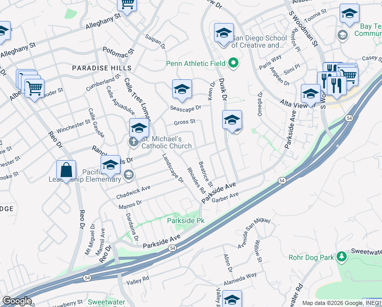 map of restaurants, bars, coffee shops, grocery stores, and more near 2762 Beatrice Street in San Diego