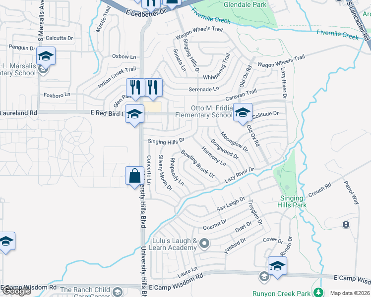 map of restaurants, bars, coffee shops, grocery stores, and more near 6106 Bowling Brook Drive in Dallas