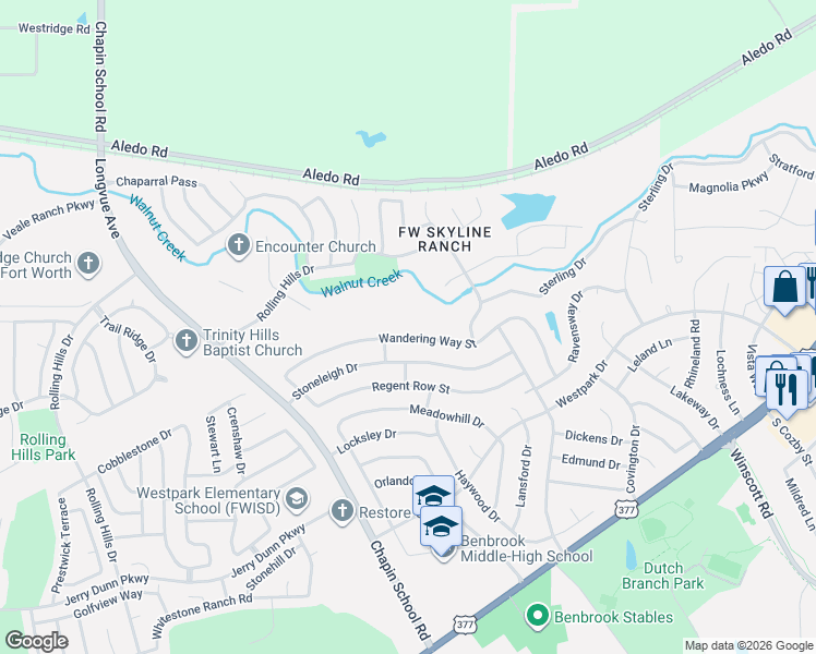 map of restaurants, bars, coffee shops, grocery stores, and more near 10104 Wandering Way Street in Benbrook