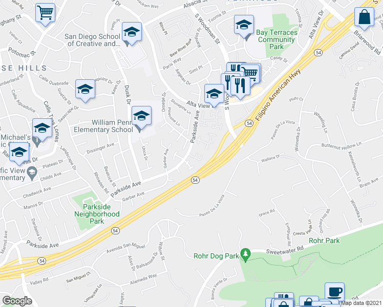 map of restaurants, bars, coffee shops, grocery stores, and more near 6795 Parkside Avenue in San Diego