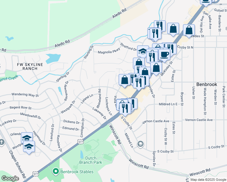 map of restaurants, bars, coffee shops, grocery stores, and more near 9513 Westpark Drive in Benbrook